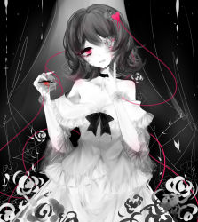 Rule 34 | 1girl, :d, akige, blood, bloody tears, bow, bowtie, choker, collarbone, cowboy shot, curtains, dress, fang, fingernails, flower, greyscale, hair between eyes, hair flower, hair ornament, hands up, head tilt, heart, heart hair ornament, highres, holding, komeiji satori, long sleeves, looking at viewer, medium hair, monochrome, off-shoulder dress, off shoulder, one eye covered, open mouth, red eyes, rose, signature, skin fang, smile, solo, spot color, symbol-only commentary, touhou, wide sleeves