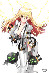 Rule 34 | &gt;:), 1girl, absurdres, ankh, ball and chain restraint, blonde hair, bodysuit, breasts, chain, closed mouth, collarbone, spiked halo, crossed bangs, gloves, guilty gear, guilty gear xrd, hair between eyes, halo, highres, holding, holding mask, jack-o&#039; valentine, long hair, mask, medium breasts, multicolored clothes, multicolored gloves, multicolored hair, ppower (lu power), red eyes, red hair, simple background, smile, solo, two-tone hair, v-shaped eyebrows, white background, white bodysuit, wings
