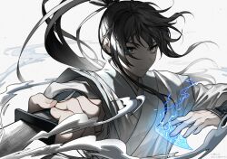 Rule 34 | 1boy, bakku (fspz4427), black hair, blurry, closed mouth, expressionless, foreshortening, glowing, grey eyes, hanbok, high ponytail, highres, holding, holding sword, holding weapon, jinhongi, korean clothes, long hair, long sleeves, looking at viewer, male focus, seol young, smoke, solo, sword, talisman, upper body, weapon, white background, white hanbok