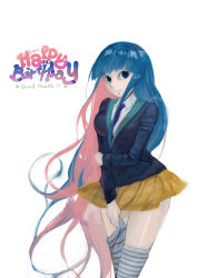 Rule 34 | 10s, 1girl, arm grab, bad id, bad pixiv id, blank (827867), blazer, blue hair, blunt bangs, colored inner hair, happy birthday, jacket, long hair, multicolored hair, necktie, panty &amp; stocking with garterbelt, pink hair, school uniform, skirt, solo, stocking (psg), striped clothes, striped thighhighs, thighhighs, two-tone hair, undressing, white background, zettai ryouiki