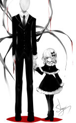 Rule 34 | 1boy, 1girl, absurdres, artist name, black pantyhose, blood on hands, boots, bow, capelet, collared shirt, dress, faceless, faceless male, formal, greyscale, hair bow, hair over one eye, height difference, highres, holding hands, jewelry, long sleeves, looking at viewer, monochrome, necklace, necktie, original, pants, pantyhose, sheya, shirt, short dress, short hair, signature, simple background, slender man, smile, suit, white background