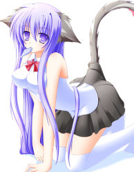 Rule 34 | all fours, animal ears, bare shoulders, blue eyes, blue hair, cat ears, cat tail, fish, long hair, mouth hold, shirotsuki kouta, solo, tail, thighhighs