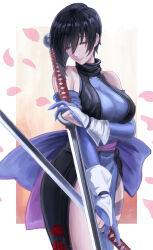 Rule 34 | 1girl, akito1218, arm under breasts, bare shoulders, black hair, blue eyes, blue gloves, blue kimono, border, breasts, cowboy shot, dual wielding, elbow gloves, gloves, half-closed eyes, heterochromia, highres, holding, holding sword, holding weapon, japanese clothes, kimono, large breasts, parted lips, partially fingerless gloves, red eyes, samurai spirits, shiki (samurai spirits), short hair, short sword, solo, sword, tantou, weapon, white border