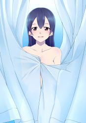 Rule 34 | 1girl, blue hair, blush, commentary request, completely nude, cowboy shot, curtain grab, curtains, egooo, hair between eyes, holding, long hair, looking at viewer, love live!, love live! school idol project, nude, open mouth, simple background, smile, solo, sonoda umi, standing, transparent, yellow eyes