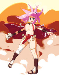 Rule 34 | 1girl, areola slip, breasts, cape, cleft of venus, earrings, female focus, full body, green eyes, jewelry, large breasts, long hair, magic, open mouth, pink hair, ryoji (nomura ryouji), skull, smile, solo, staff