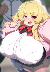 Rule 34 | 1boy, 1girl, black thighhighs, blonde hair, blue eyes, blurry, blurry background, blush, breasts, by spoon, covered erect nipples, dot nose, eyelashes, fang, from above, head out of frame, highres, huge breasts, jacket, long hair, looking at viewer, neck ribbon, open mouth, original, pink jacket, ribbon, selfie, shiny skin, shirt, skirt, smile, striped ribbon, thick thighs, thighhighs, thighs, white shirt, zettai ryouiki