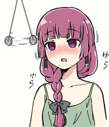 Rule 34 | 1girl, @ @, black bow, blush, bocchi the rock!, bow, braid, commentary request, dress, drooling, earrings, fang, green dress, hair bow, highres, hiroi kikuri, hypnosis, jewelry, long hair, mind control, mouth drool, pendulum, purple eyes, purple hair, simple background, single braid, solo, torako (toramaru), white background