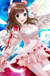 Rule 34 | 1girl, absurdres, alternative girls, angel wings, arm behind back, armlet, brown hair, dress, full moon, green eyes, hair ornament, highres, hirose koharu, holding, holding weapon, jewelry, long hair, looking at viewer, moon, night, night sky, official art, open mouth, sky, smile, solo, weapon, white dress, wings