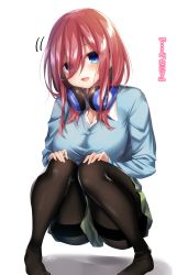 Rule 34 | 1girl, bad id, bad pixiv id, black pantyhose, blue cardigan, blue eyes, breasts, cardigan, cleavage, clothes between thighs, eyes visible through hair, full body, go-toubun no hanayome, green skirt, hair between eyes, headphones, headphones around neck, highres, long hair, looking at viewer, nakano miku, no shoes, open mouth, pantyhose, ramchi, red hair, signature, simple background, skirt, squatting, translation request, white background