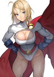 Rule 34 | 1girl, absurdres, ahoge, belt, blue eyes, blue gloves, breasts, cape, cleavage, cleavage cutout, clothing cutout, commentary request, dc comics, gloves, hands on own hips, hands up, highres, large breasts, leotard, lips, long sleeves, power girl, red cape, shiny skin, short hair, simple background, solo, superman (series), thighs, white background, white leotard, yoshio (55level)