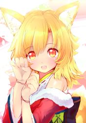 Rule 34 | 1girl, absurdres, animal ear fluff, animal ears, bare shoulders, blonde hair, blush, dated, fox ears, fox tail, heart, highres, hutaba akane, japanese clothes, long hair, looking at viewer, nanashin naomi, open mouth, original, paw pose, red eyes, smile, solo, tail, twitter username