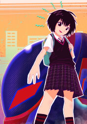 Rule 34 | 1girl, ahoge, aqua bag, arm at side, backpack, bag, black eyes, black hair, black necktie, black socks, black sweater vest, breasts, building, cityscape, commentary, dress shirt, feet out of frame, from below, from side, halftone, halftone background, halftone texture, highres, holding strap, kneehighs, looking at viewer, looking down, looking to the side, marvel, mecha, necktie, notice lines, orange background, parted lips, peni parker, plaid, plaid skirt, pleated skirt, purple skirt, ringed eyes, robot, sano (user tree5724), school uniform, shirt, short hair, short sleeves, skirt, skyscraper, small breasts, smile, socks, solo, sp//dr, spider-man: into the spider-verse, spider-man (series), spider-verse, standing, sweater vest, white shirt