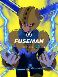 Rule 34 | armor, character name, charging energy, electricity, fuse, fuse man, fuseman, gloves, helmet, highres, looking at viewer, mega man (classic), mega man (series), mega man 11, no humans, non-humanoid robot, purple eyes, robot, robot ears, serious, standing, title