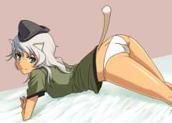 Rule 34 | 00s, 1girl, animal ears, ass, bed, blue eyes, female focus, giuseppina ciuinni, grey hair, hat, military, military uniform, panties, rison, solo, strike witches, strike witches: suomus misfits squadron, tail, underwear, uniform, world witches series