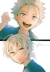 Rule 34 | 2boys, absurdres, aged down, blue shirt, bungou stray dogs, closed mouth, fukuchi ouchi (bungou stray dogs), fukuzawa yukichi (bungou stray dogs), grey eyes, hand up, highres, looking at viewer, male focus, multiple boys, open mouth, portrait, purple eyes, r1kuuw, shirt, short hair, short ponytail, smile, teeth, upper teeth only, white background, white hair