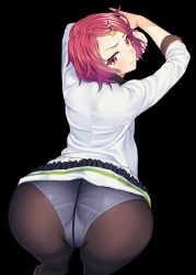 Rule 34 | 1girl, artist request, ass, back, black pantyhose, hair ornament, highres, looking at viewer, looking back, minase koito, musaigen no phantom world, non-web source, panties, panties under pantyhose, pantyhose, pink eyes, pink hair, shirt, short hair, simple background, skirt, solo, source request, suzume inui, underwear, unworn skirt, upper body, white panties, white shirt