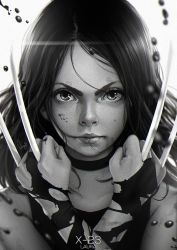 Rule 34 | 10s, 1girl, blade, character name, closed mouth, fingerless gloves, forehead, gloves, greyscale, hair over one eye, lips, long hair, looking at viewer, magion02, marvel, monochrome, nose, signature, solo, torn clothes, torn gloves, upper body, x-23, x-men