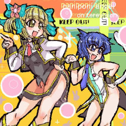 Rule 34 | 2girls, artist request, blonde hair, blue hair, blush, broccoli (company), bubble, caution tape, character request, crossover, dancing, fang, ga rune pose, galaxy angel, galaxy angel rune, hair ribbon, hand on own hip, keep out, leotard, lowres, multiple girls, necktie, pani poni dash!, parody, ribbon, side slit, smile, tail, wrist cuffs, yellow eyes