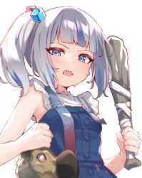 Rule 34 | 1girl, absurdres, blue dress, blue hair, blunt bangs, blush, breasts, club (weapon), commentary, dodo (bird), dress, english commentary, eyelashes, frilled shirt, frills, gawr gura, gawr gura (casual), grey hair, hair ornament, highres, holding, holding weapon, hololive, hololive english, looking at viewer, medium hair, multicolored hair, official alternate costume, open mouth, shadow, sharp teeth, shirt, side ponytail, sidelocks, simple background, small breasts, solo, streaked hair, sweatdrop, teeth, upper body, valefal coneri, virtual youtuber, weapon, white background, white shirt