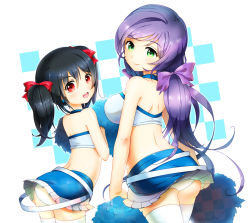 Rule 34 | 10s, 2girls, :d, ann hodo, ass, bad id, bad pixiv id, black hair, blue skirt, breasts, cheerleader, choker, earrings, frilled skirt, frills, green eyes, hair ribbon, jewelry, looking at viewer, looking back, love live!, love live! school idol project, microskirt, midriff, miniskirt, multiple girls, open mouth, pom pom (cheerleading), purple hair, red eyes, ribbon, short twintails, skirt, small breasts, smile, tojo nozomi, tress ribbon, twintails, wind, wind lift, yazawa nico