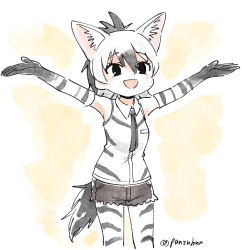 Rule 34 | 1girl, :d, aardwolf (kemono friends), aardwolf print, animal ear fluff, animal ears, arms up, artist name, black eyes, black hair, black necktie, collared shirt, commentary request, cutoffs, elbow gloves, extra ears, gloves, hair between eyes, highres, kemono friends, medium hair, multicolored hair, necktie, open mouth, outstretched arms, pantyhose, pantyhose under shorts, panzuban, ponytail, print gloves, print pantyhose, print shirt, shirt, short shorts, shorts, simple background, sleeveless, sleeveless shirt, smile, solo, spread arms, tail, twitter username, two-tone hair, white hair