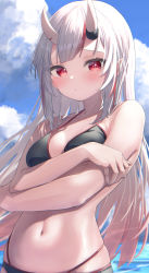 1girl bikini black_bikini blue_sky blush breasts cloud cloudy_sky crossed_arms day highres hololive horns long_hair looking_at_viewer multicolored_hair nakiri_ayame namaonpa navel outdoors pointy_ears red_eyes red_hair skin-covered_horns skindentation sky small_breasts solo streaked_hair swimsuit upper_body virtual_youtuber white_hair