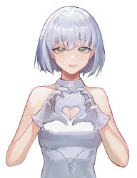 Rule 34 | 1girl, absurdres, cleavage cutout, clothing cutout, commentary, dress, gloves, green eyes, grey background, heart, heart cutout, heart hands, highres, mac star, original, parted lips, short hair, simple background, sleeveless, sleeveless dress, solo, upper body, white dress, white gloves, white hair