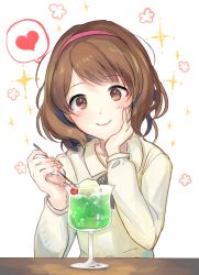 Rule 34 | 1girl, blush, brown hair, cherry, floral print, food, fruit, hand on own cheek, hand on own face, heart, heart print, highres, ice cream, idolmaster, idolmaster cinderella girls, lvetica, nagatomi hasumi, sherbet, short hair, simple background, smile, solo, speech bubble, spoon, wavy mouth, white background