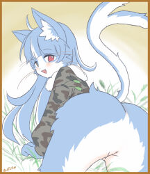 Rule 34 | 1boy, ahoge, all fours, animal ear fluff, animal ears, artist name, ass, blue hair, blunt bangs, camouflage, camouflage jacket, cat boy, cat ears, cat tail, feet out of frame, from behind, hanpanthu, highres, jacket, japan air self-defense force, japan air self-defense force omaezaki sub-base, japan self-defense force, long sleeves, looking at viewer, looking back, male focus, military, multicolored hair, omaneko, open mouth, red eyes, smile, split tail, streaked hair, tail, tail raised, thighs, white hair