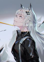 Rule 34 | 1girl, alov, animal ears, arknights, black jacket, chinese commentary, commentary request, from side, grey eyes, hair between eyes, hair ornament, hairclip, high collar, highres, jacket, lappland (arknights), long hair, long sleeves, looking up, sample watermark, scar, scar across eye, scar on face, silver hair, solo, upper body, watermark, wolf ears
