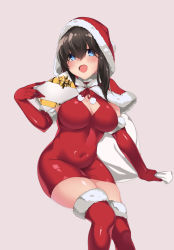 Rule 34 | 1girl, black hair, blue eyes, blush, box, breasts, capelet, cleavage, cleavage cutout, clothing cutout, covered navel, elbow gloves, fur-trimmed capelet, fur-trimmed gloves, fur-trimmed legwear, fur trim, gift, gift box, gloves, hair between eyes, hat, highres, hip focus, idolmaster, idolmaster cinderella girls, large breasts, long hair, open mouth, red gloves, red thighhighs, sack, sagisawa fumika, santa hat, simple background, sitting, smile, solo, spicy moo, thighhighs, thighs