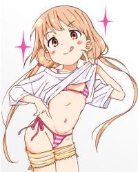 Rule 34 | 1girl, bikini, blonde hair, brown eyes, cameltoe, casual, clothes lift, clothes pull, commentary request, cowboy shot, flat chest, futaba anzu, idolmaster, idolmaster cinderella girls, lifting own clothes, long hair, looking at viewer, low twintails, micro bikini, mirakichi, navel, shirt lift, shorts, shorts pull, side-tie bikini bottom, simple background, solo, sparkle, standing, striped bikini, striped clothes, striped shorts, swimsuit, tongue, tongue out, twintails, white background, yellow shorts