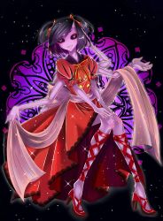 Rule 34 | 1girl, colored skin, dress, extra arms, extra eyes, fangs, high heels, highres, arthropod girl, legs, monster girl, muffet, purple skin, solo, spider girl, twintails, undertale