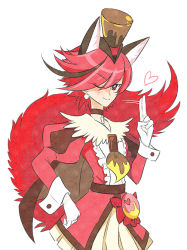 Rule 34 | 10s, 1girl, animal ears, brooch, brown cape, brown hair, brown hat, cape, choker, closed mouth, cowboy shot, cure chocolat, dog ears, dog tail, extra ears, hat, heart, jewelry, juliet sleeves, kenjou akira, kirakira precure a la mode, long sleeves, looking at viewer, magical girl, multicolored hair, one eye closed, precure, puffy sleeves, red eyes, red hair, short hair, skirt, smile, solo, streaked hair, swept bangs, tail, top hat, two-tone hair, venuscho, white background