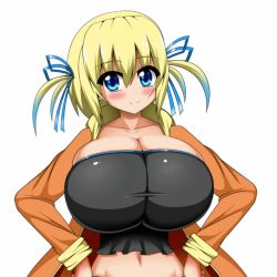 Rule 34 | 1girl, animated, animated gif, blonde hair, blue eyes, blush, bouncing breasts, breasts, character request, hands on own hips, huge breasts, looking at viewer, medium hair, mgear, midriff, simple background, smile, solo, bouncing breasts, twintails, white background