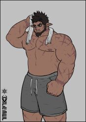 Rule 34 | 1boy, abs, absurdres, bara, beard, black sclera, brusi (iixblacklionxii), bulge, colored sclera, dark-skinned male, dark skin, demon boy, facial hair, feet out of frame, highres, iixblacklionxii, large hands, large pectorals, looking at viewer, male focus, mature male, muscular, muscular male, nipples, original, pectorals, pointy ears, scar, scar on arm, short hair, sideburns, solo, standing, stomach, strongman waist, thick eyebrows, topless male, towel, towel around neck, yellow eyes