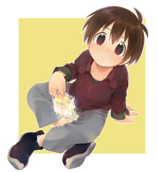 Rule 34 | 1boy, :o, arm support, bread, brown hair, di gi charat, food, full body, highres, indian style, jewelry, looking at viewer, looking up, male focus, melon bread, minagawa takurou, necklace, open mouth, shiogochi, shoes, short hair, simple background, sitting, socks, solo