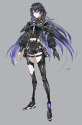 Rule 34 | 1girl, arms at sides, asymmetrical clothes, black gloves, black hair, blue eyes, blue hair, buckle, choker, earrings, full body, gloves, gradient hair, grey background, highres, hoop earrings, jewelry, kamitsubaki studio, koko (vtuber), multicolored hair, navel, pouch, serious, shoes, short shorts, shorts, single glove, snap-fit buckle, sneakers, solo, standing, swav, thigh pouch, virtual youtuber