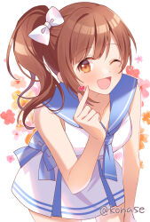 Rule 34 | 1girl, ;d, alternate costume, blue sailor collar, blush, bow, breasts, brown hair, collarbone, dress, finger heart, floral background, hair bow, heart, highres, idolmaster, idolmaster cinderella girls, igarashi kyoko, konase (non stop!), leaning forward, looking at viewer, medium breasts, one eye closed, open mouth, sailor collar, sailor dress, side ponytail, smile, solo, twitter username