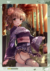 Rule 34 | 1girl, :d, absurdres, ahoge, blush, brown eyes, brown hair, day, flower, forest, garter belt, hair flower, hair ornament, hanahanamaki, highres, holding, japanese clothes, kimono, kimono skirt, leg up, long hair, looking at viewer, nature, no panties, obi, open mouth, original, outdoors, red flower, sash, side ponytail, smile, solo, stairs, standing, standing on one leg, thighhighs, torii, white thighhighs