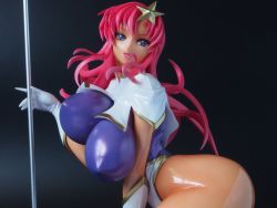 Rule 34 | 1girl, arched back, ass, bent over, blue eyes, blush, bouncing breasts, breasts, covered erect nipples, curvy, female focus, figure, gloves, gundam, gundam seed, gundam seed destiny, hair ornament, highleg, highres, huge ass, huge breasts, leotard, long hair, looking at viewer, looking back, meer campbell, photo (medium), pink hair, pole, purple leotard, shiny clothes, shiny skin, skin tight, smile, star (symbol), star hair ornament, thong leotard