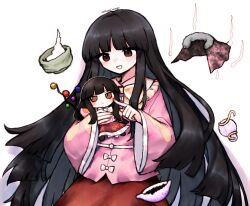Rule 34 | 1girl, black hair, branch, brown eyes, commentary request, doll, fumo (doll), highres, hime cut, holding, holding doll, houraisan kaguya, jeweled branch of hourai, long hair, long sleeves, natucurage, pink shirt, red skirt, shirt, skirt, solo, touhou, twitter username, very long hair, wide sleeves