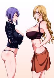 Rule 34 | 2girls, absurdres, blonde hair, blue eyes, breasts, crossed arms, crossover, drill hair, from side, grin, hair over one eye, hand on own hip, highres, jacket, large breasts, legs, looking at another, mature female, midriff, multiple girls, naughty face, oriana thomason, purple hair, sarong, short hair, sideboob, smile, tank top, thighs, thong, toaru majutsu no index, yellow eyes