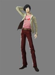 Rule 34 | 1boy, atlus, belt, black hair, boots, catherine (game), denim, full body, grey background, hand on head, heart, jacket, jeans, male focus, official art, pants, simple background, solo, standing, upright, vincent brooks