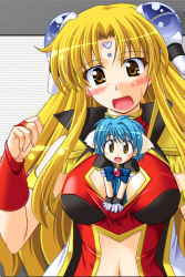 Rule 34 | 00s, 2girls, animal ears, between breasts, blonde hair, blue hair, blush, breasts, bridal gauntlets, cleavage cutout, clothing cutout, dress, galaxy angel, gloves, large breasts, long hair, looking at viewer, mini person, minigirl, mint blancmanche, multiple girls, musashiya chougenbou, navel cutout, open mouth, person between breasts, puffy sleeves, ranpha franboise, short dress, short hair, smile, uniform, yellow eyes