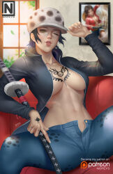 Rule 34 | 1girl, black hair, black jacket, blue pants, breasts, chest tattoo, female focus, genderswap, genderswap (mtf), hat, jacket, large breasts, looking at viewer, monkey d. luffy, navel, nopeys, one eye closed, one piece, open clothes, open jacket, open pants, pants, short hair, sitting, solo, sword, tattoo, tongue, tongue out, trafalgar law, weapon, yellow eyes