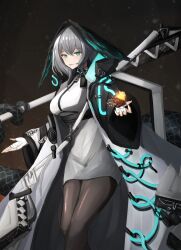Rule 34 | 1girl, :p, aqua eyes, arknights, belt, black pantyhose, breasts, closed mouth, coat, dress, feet out of frame, fingerless gloves, gloves, grey hair, head wings, highres, ho&#039;olheyak (arknights), large breasts, light particles, long hair, long sleeves, looking at viewer, open clothes, open coat, pantyhose, smile, solo, standing, tongue, tongue out, vincentime, white coat, white dress, white gloves, wide sleeves, wings