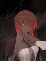 Rule 34 | 1girl, black background, black jacket, black necktie, black suit, breasts, chainsaw man, closed mouth, collared shirt, commentary, dress shirt, formal, hair between eyes, hand on own cheek, hand on own face, highres, jacket, jacket on shoulders, lack, light, long sleeves, looking at viewer, makima (chainsaw man), medium breasts, medium hair, necktie, orange eyes, red hair, ringed eyes, shade, shirt, simple background, smile, solo, suit, upper body, white shirt