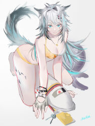 Rule 34 | 1girl, absurdres, animal ears, arknights, bikini, blue eyes, breasts, cleavage, fingerless gloves, gloves, grey gloves, hair ornament, hairclip, highres, key, lappland (arknights), long hair, looking at viewer, mackia, material growth, medium breasts, messy hair, oripathy lesion (arknights), scar, scar across eye, signature, simple background, solo, swimsuit, tail, white background, white hair, wolf ears, wolf girl, wolf tail, yellow bikini