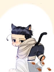 Rule 34 | 1boy, all fours, animal ears, animal hands, ass, black eyes, black hair, cat boy, cat ears, cat tail, chibi, facial hair, facial scar, from behind, goatee, golden kamuy, hair slicked back, hair strand, highres, kemonomimi mode, looking at viewer, male focus, ogata hyakunosuke, ri (ri kaos21), scar, scar on cheek, scar on face, short hair, solo, stitches, stubble, tail, tail raised, undercut